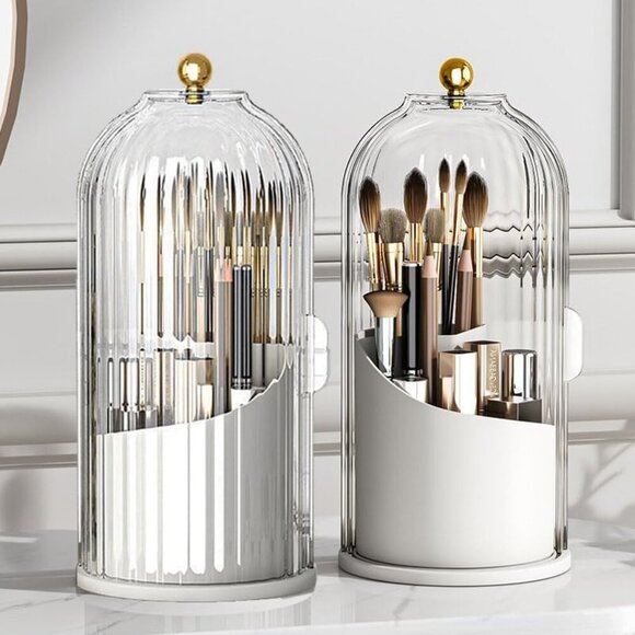 Makeup Brush Holder Organizer with Clear Lid 360 Rotating Sliding Opening Dustpr - Picture 1 of 9